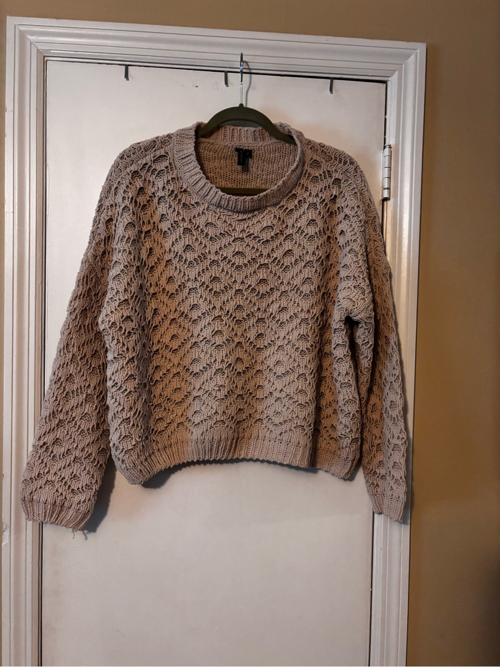 moon & madison Taupe Open-Knit Crewneck Sweater